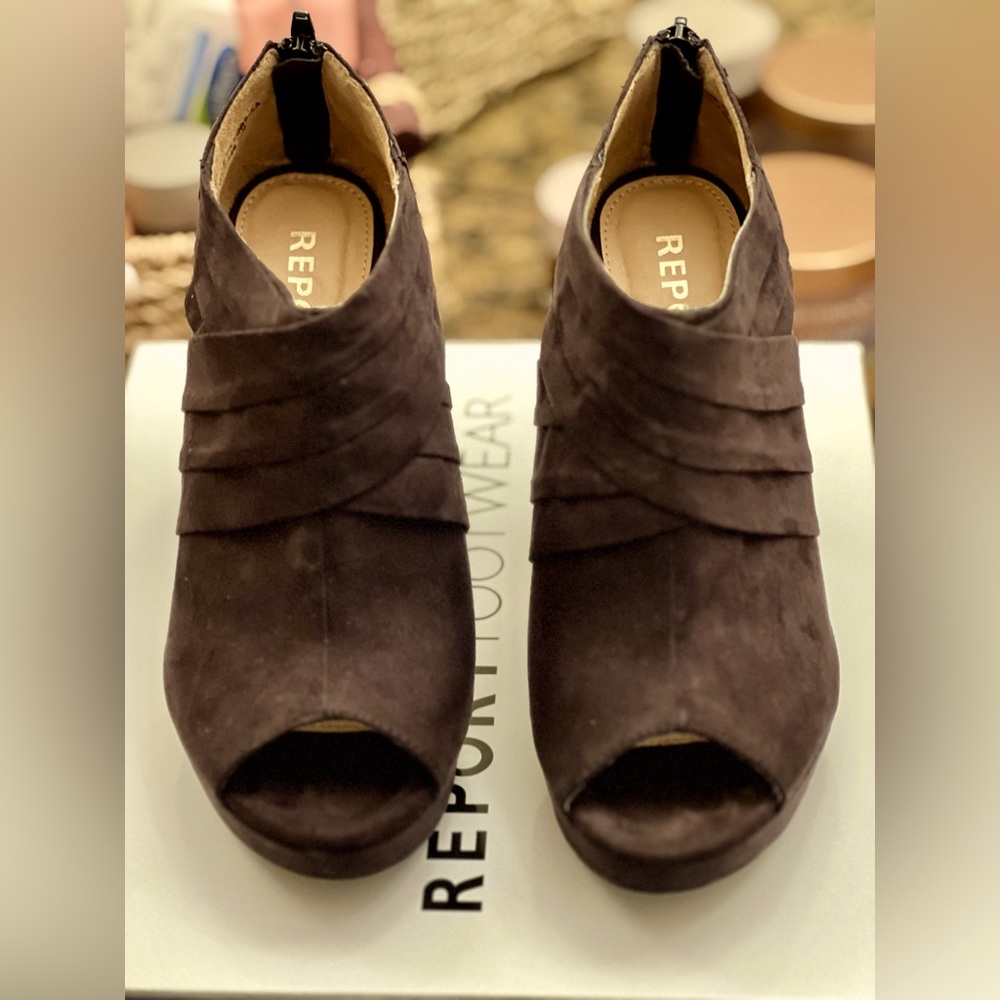 Report faux suede peep toe bootie